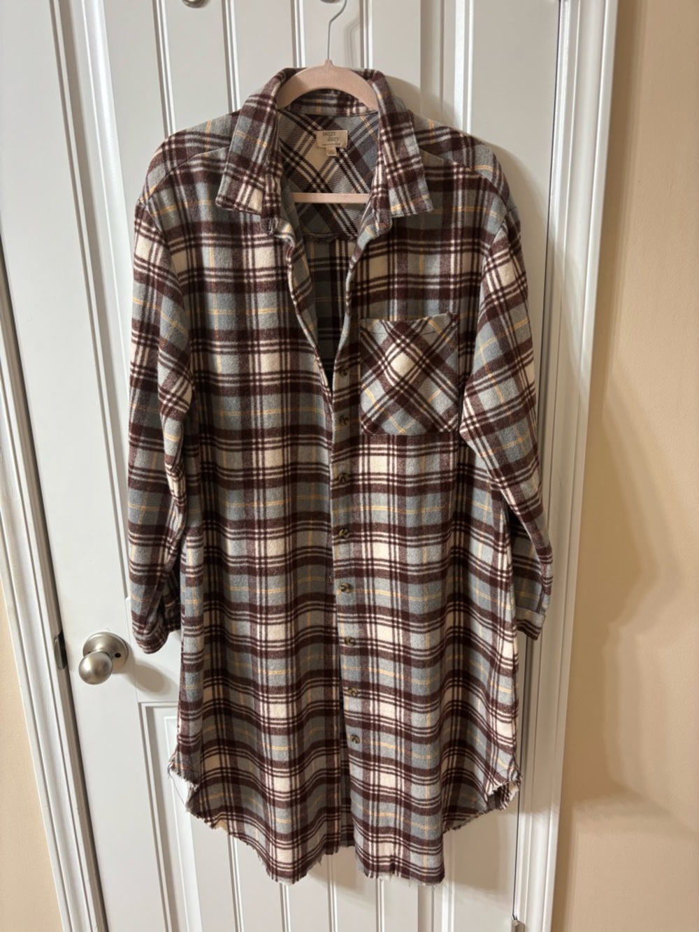 Plaid Button-Up Shirt Dress/cardigan in Brown and Cream